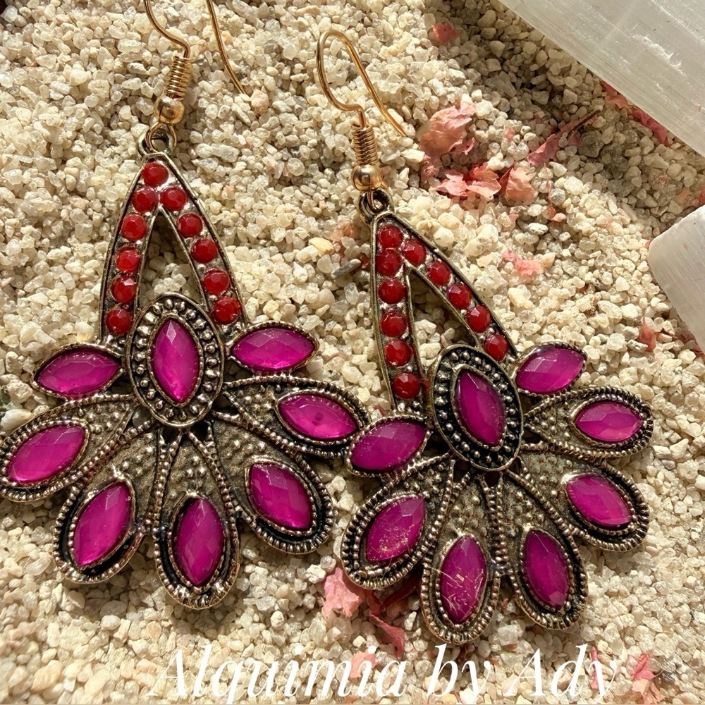 Bold pink sapphire crystal and antique gold style chandelier Earrings